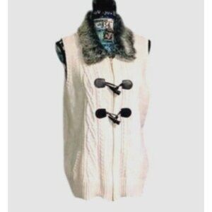 CHARTER CLUB -WOMENS KNIT FRONT ZIP/BUTTON CLOSURE FAUX FUR NECK VEST SIZE LARGE
